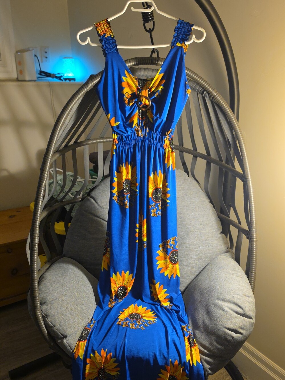 Sunflower Print Blue Maxi Dress with Smocked Straps